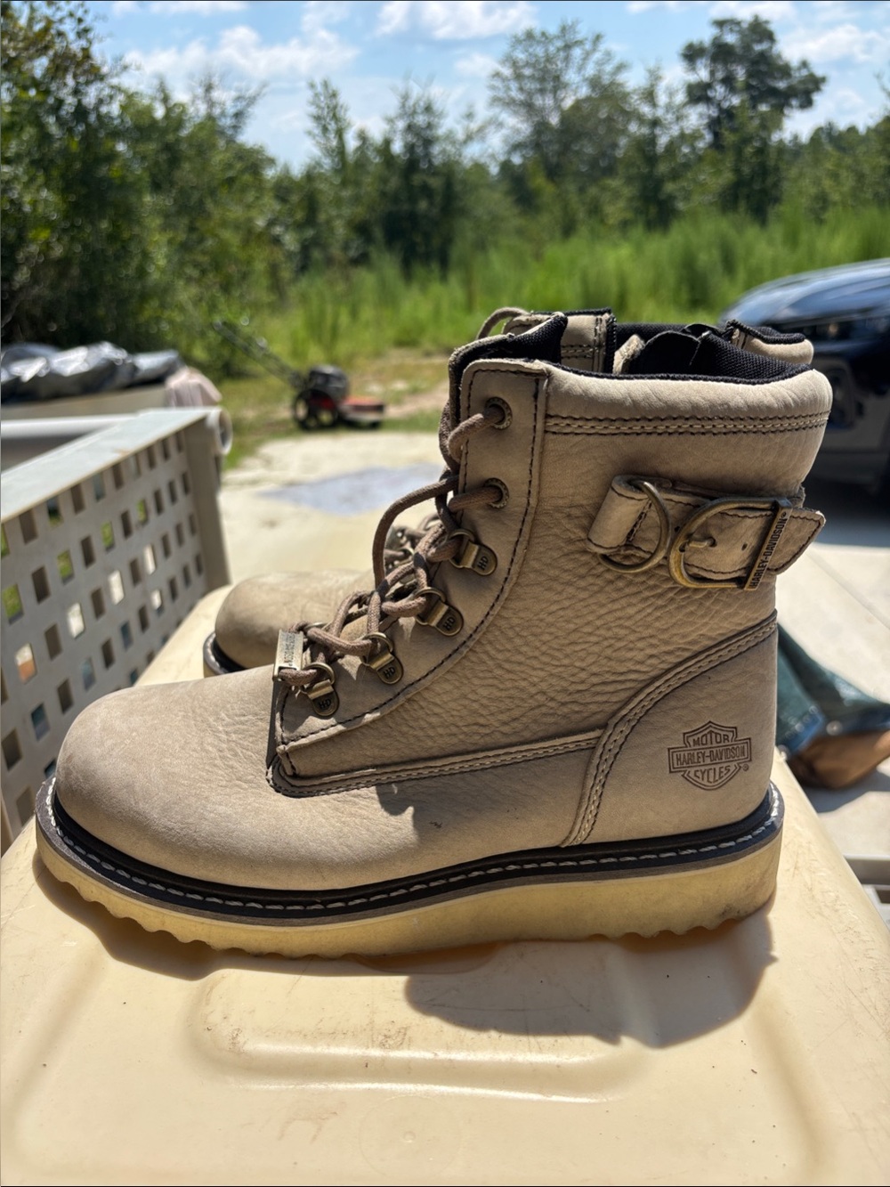 Harley-Davidson Taupe Leather Lace-Up Ankle Boots with Buckle